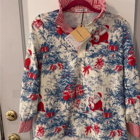Cherrybetty Santa Toile Christmas Blouse Ruffle Collar Red Blue NWT Size S - Picture 2 of 5